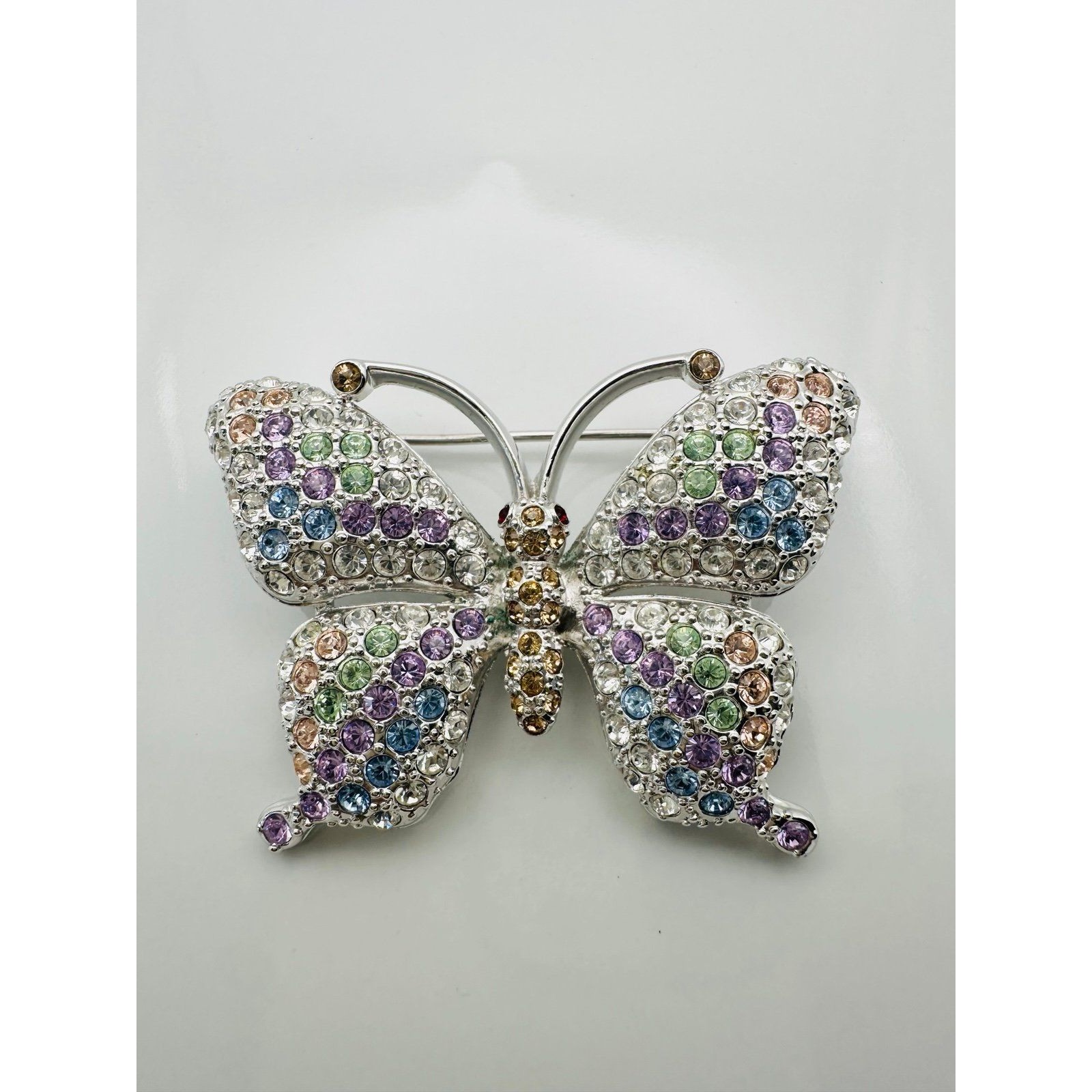 Silver Tone Multicolored Rhinestone Butterfly Brooch